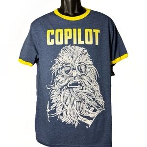 Star Wars NWT Chewbacca Copilot Ringer Blue and Yellow T-Shirt Men’s Size Small